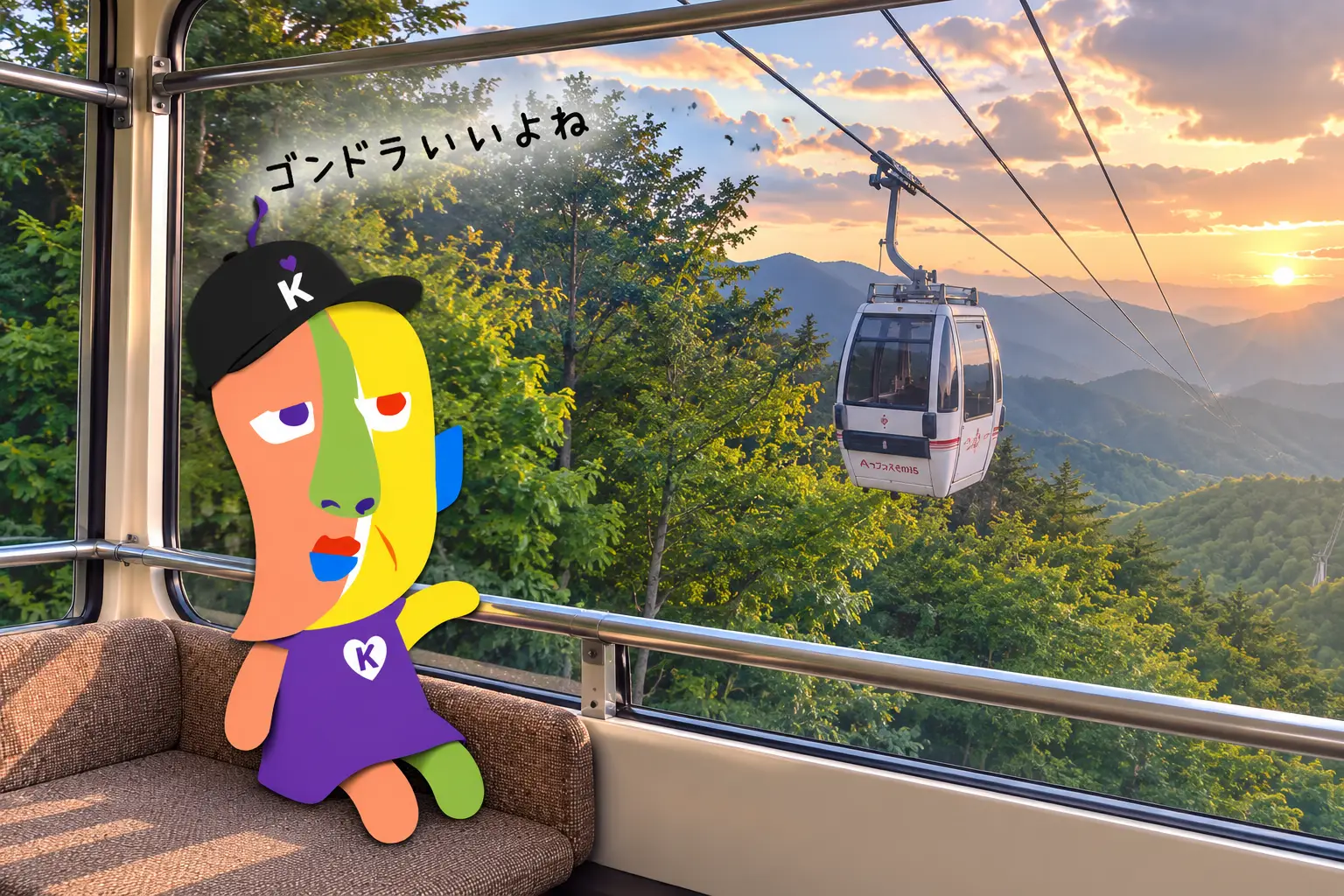 KAZUKIN gazing at mountain scenery and the gondola from inside a gondola at dusk. Handwritten: “Gondolas are great, right.”