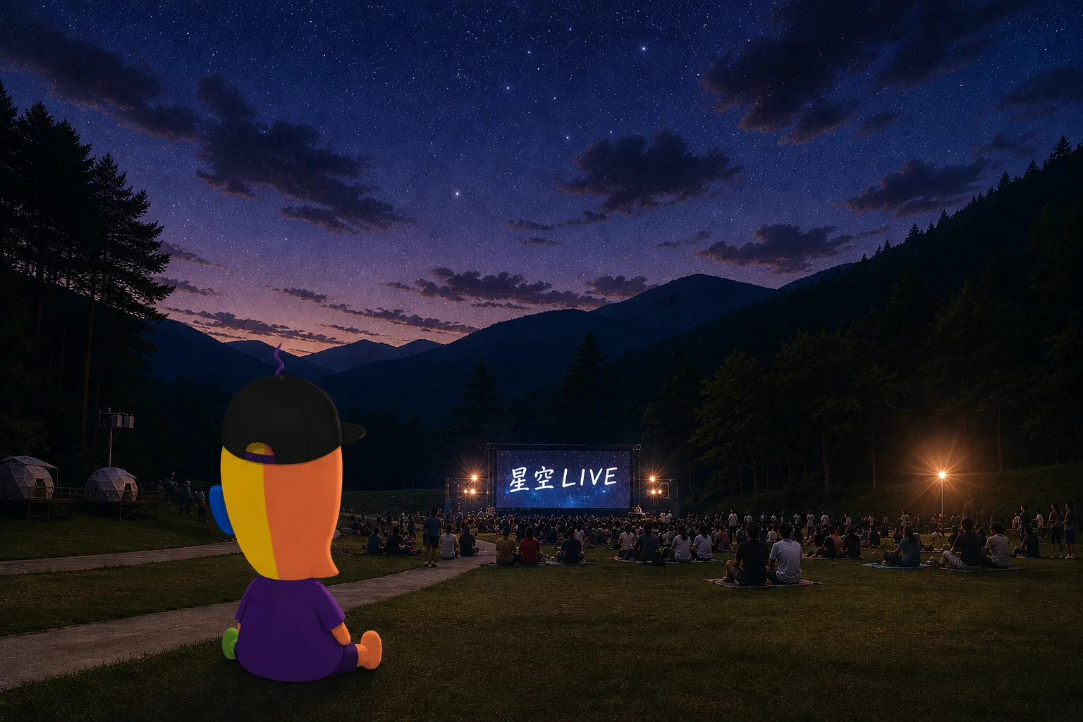 The back of KAZUKIN gazing at the stage of a starry-sky LIVE. A sky full of stars and the Milky Way overhead. Handwritten: “Starry skies are great, right.”