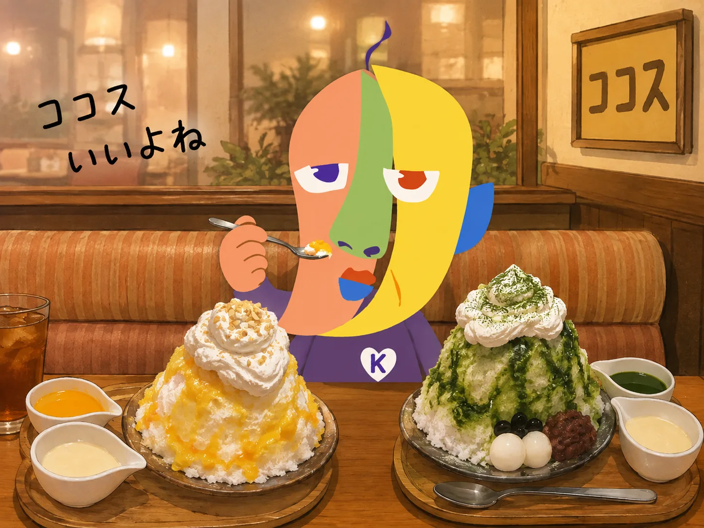 ファミレスの座席でスプーンを持ちかき氷を食べるKAZUKIN。目の前にマンゴーソースと抹茶ソースの巨大なかき氷が2つ。「ココスいいよね」の手書き文字。