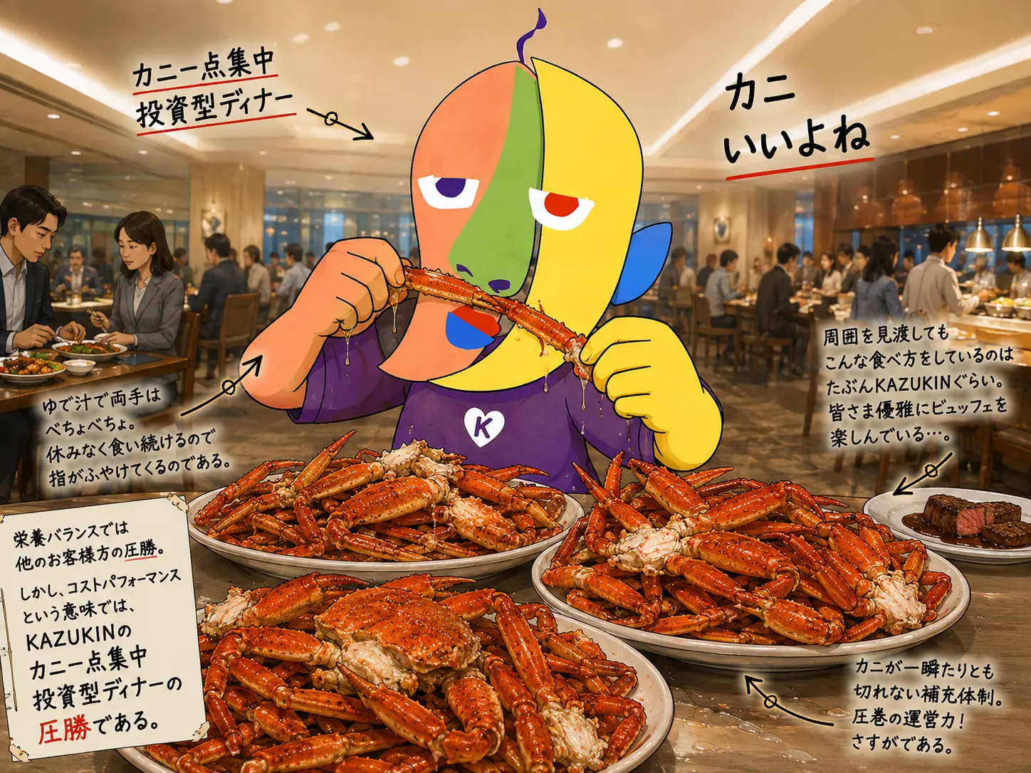 ホテルのビュッフェ会場で、両手でカニの脚をむしゃむしゃ食べるKAZUKIN。目の前には山盛りのカニが3皿。「カニ いいよね」「カニ一点集中 投資型ディナー」などの手書き文字。周囲の客は優雅にビュッフェを楽しんでいる。