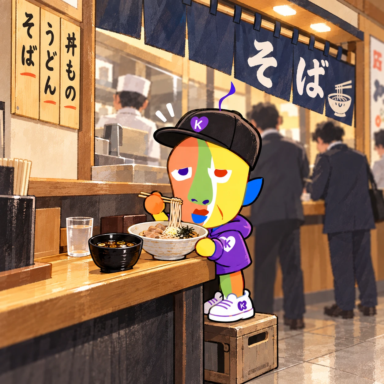 小諸そばのカウンターで、立ったまま辛味肉つけそばをすするKAZUKINのイラスト