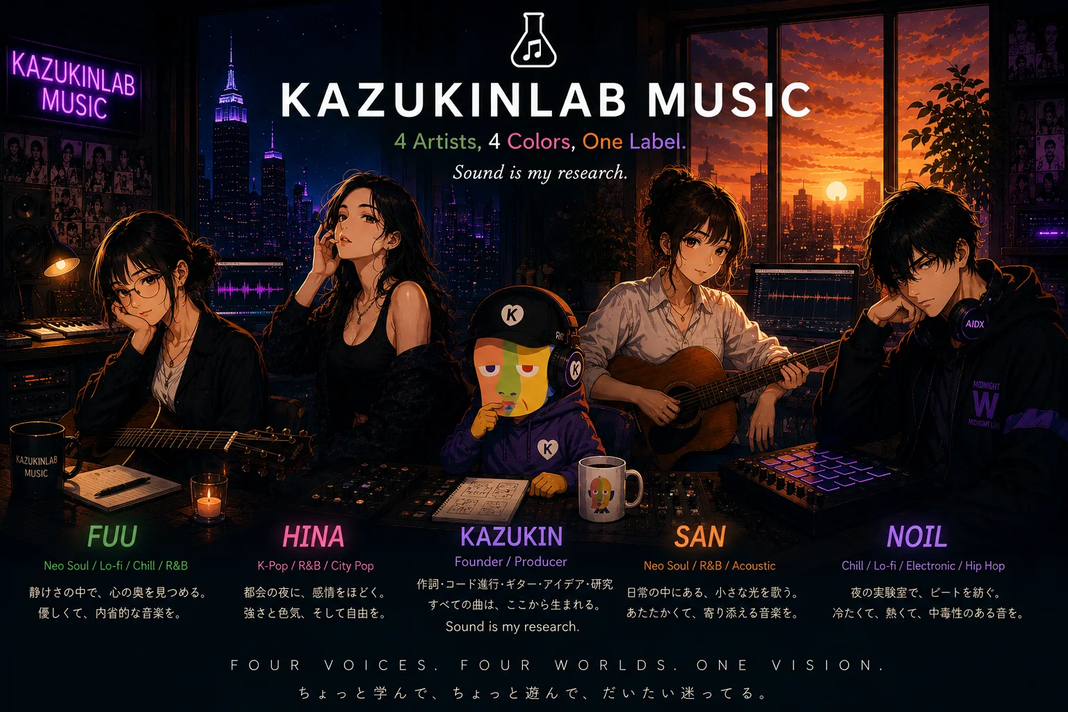 KAZUKINLAB MUSICのポスター。FUU・HINA・KAZUKIN・SAN・NOILの5人がレコーディングスタジオに並び、夜景を背にした窓とKAZUKINLAB MUSICのネオンサインが写っている。