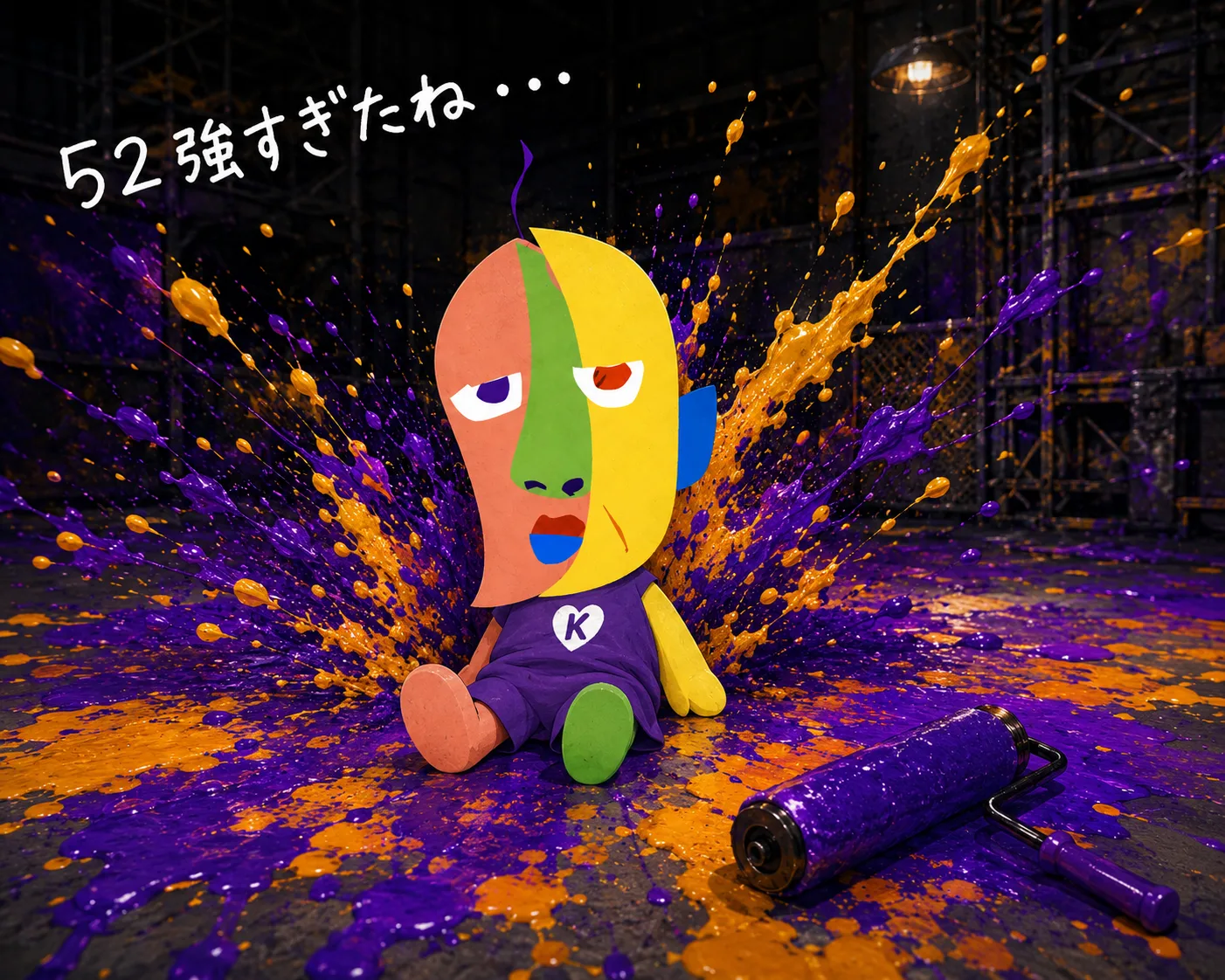 紫と黄色のインクが噴き上がる中、座り込んで驚くKAZUKINのイラスト。「52強すぎたね・・・」の手書き文字