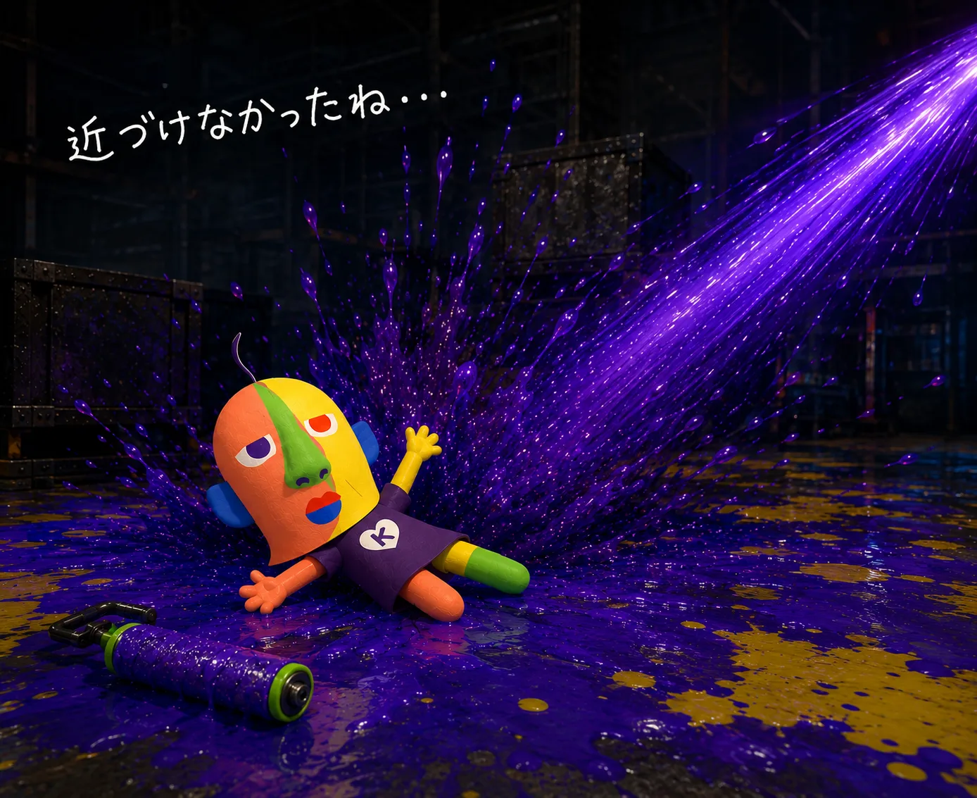 An illustration of KAZUKIN knocked flat on his back by a beam of purple ink. Handwritten: “I couldn't get close...”