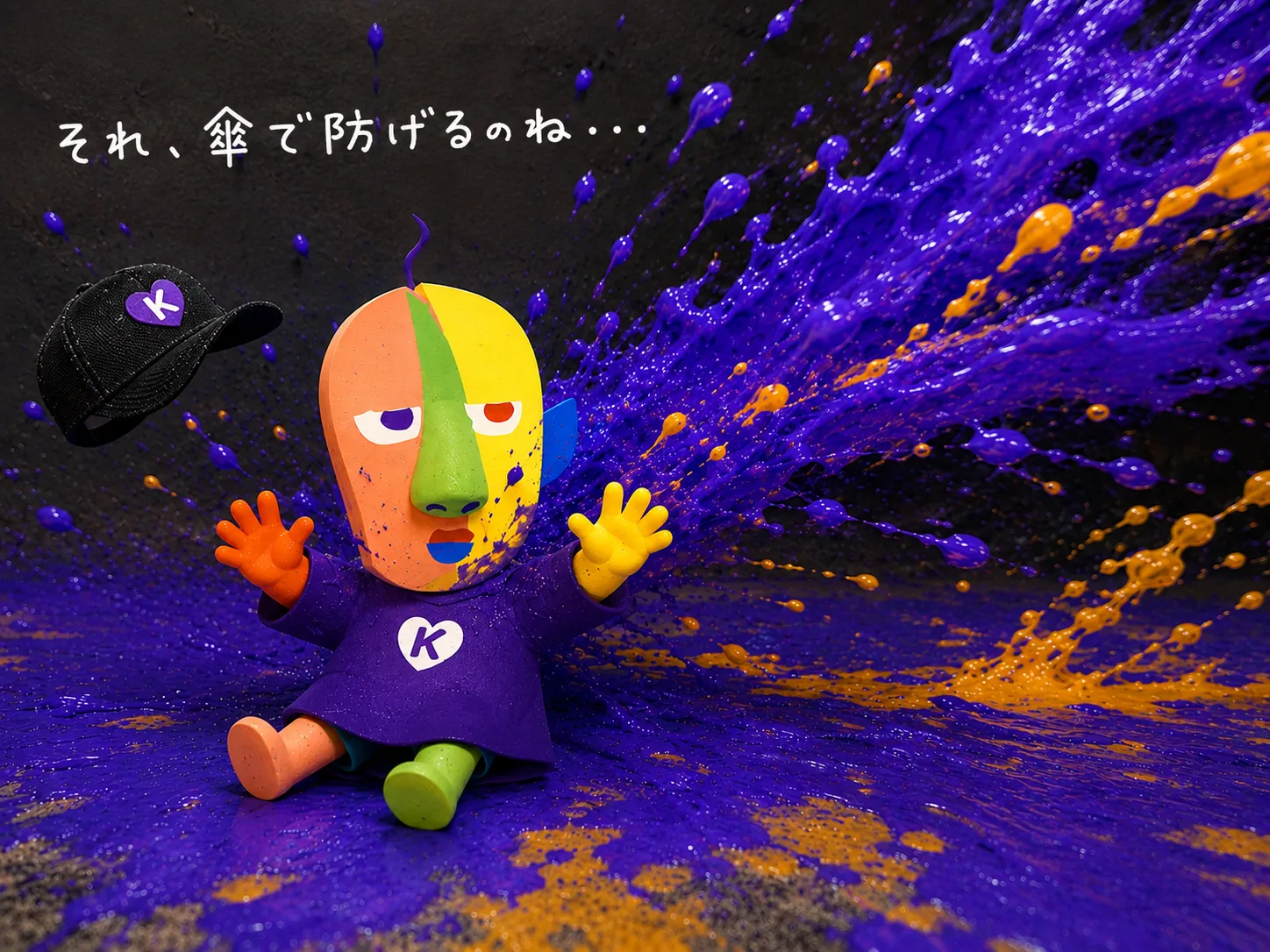 An illustration of KAZUKIN with his hat blown off and sitting on the ground amid splattered purple and yellow ink. Handwritten: “So an umbrella can block that...”