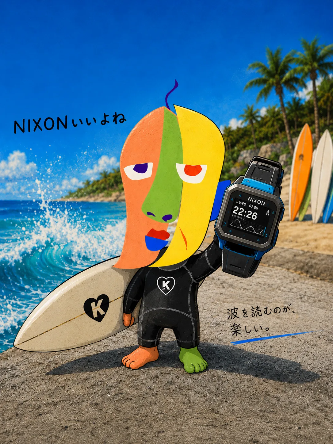 NIXON SUPERTIDEのポスター風イラスト。ウェットスーツ姿のKAZUKINがビーチで時計を掲げている。「NIXONいいよね」