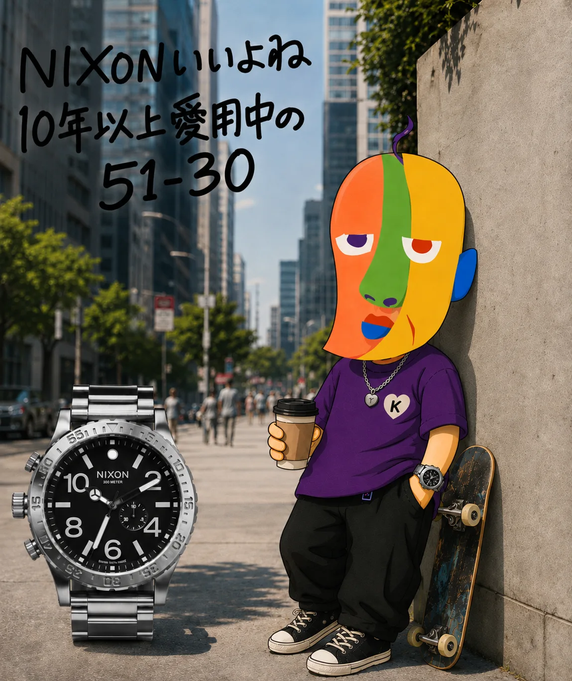 NIXON 51-30のポスター風イラスト。街角でコーヒー片手にスケートボードを壁に立てかけたKAZUKIN。「NIXONいいよね」「10年以上愛用中の51-30」