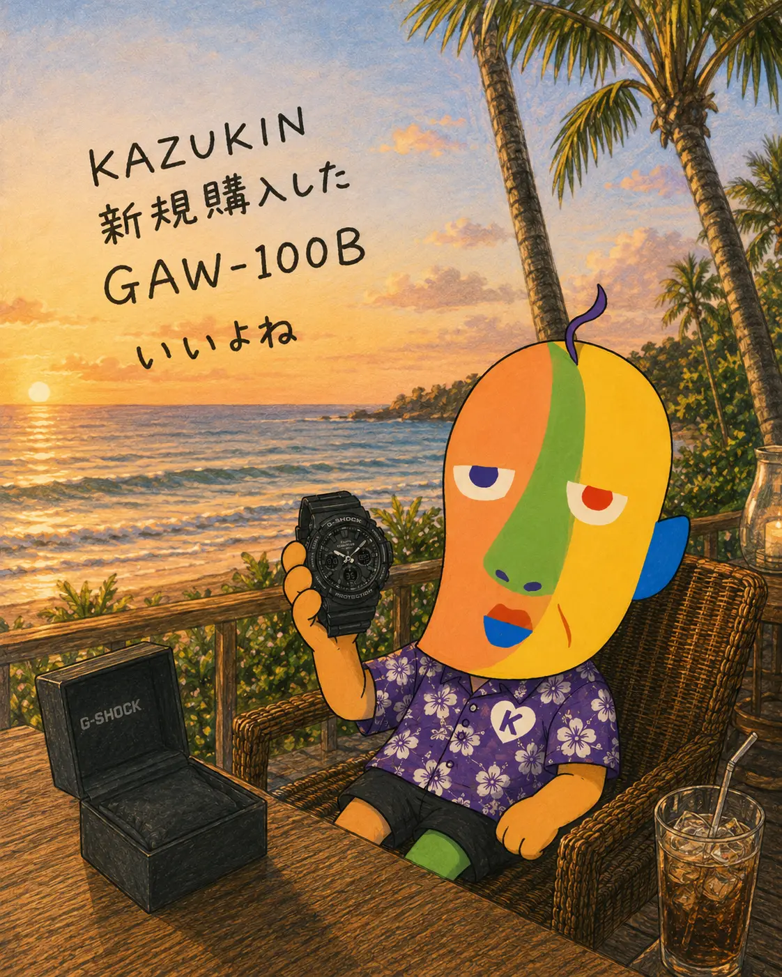 「KAZUKIN愛用の、G-SHOCK GAW-100B」と書かれたポスター風イラスト。夕暮れのビーチサイドでグラスを片手にくつろぐアロハシャツ姿のKAZUKIN。「G-SHOCKいいよね」
