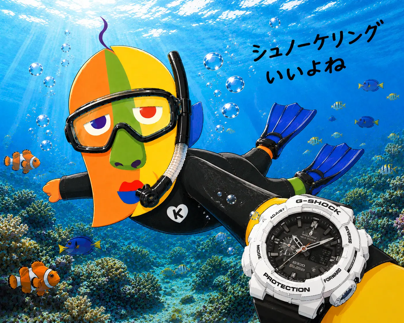 手前の腕に白いG-SHOCKをつけて、サンゴ礁をシュノーケリングするKAZUKIN。クマノミや熱帯魚と一緒に泳いでいる。「シュノーケリングいいよね」