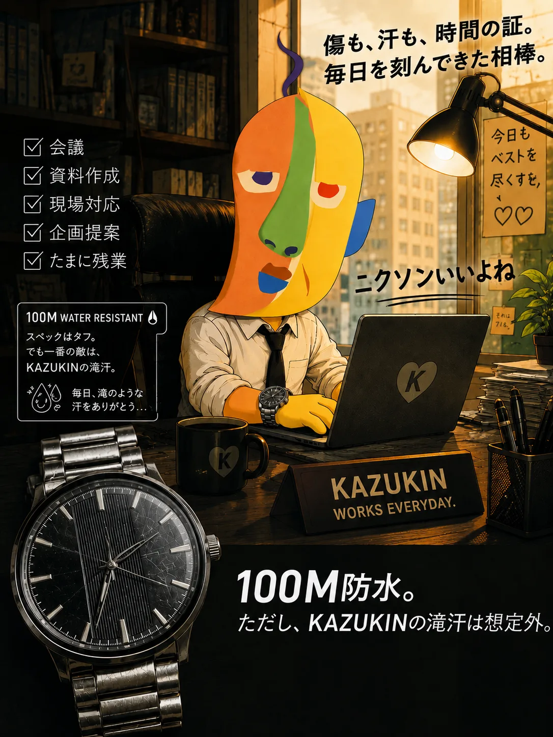 A poster-style illustration of the NIXON THE CAPITAL. KAZUKIN working in an office with the scratched actual watch. Handwritten: “NIXON is great, right?” “100M water resistant. But KAZUKIN's torrential sweat was not expected.”