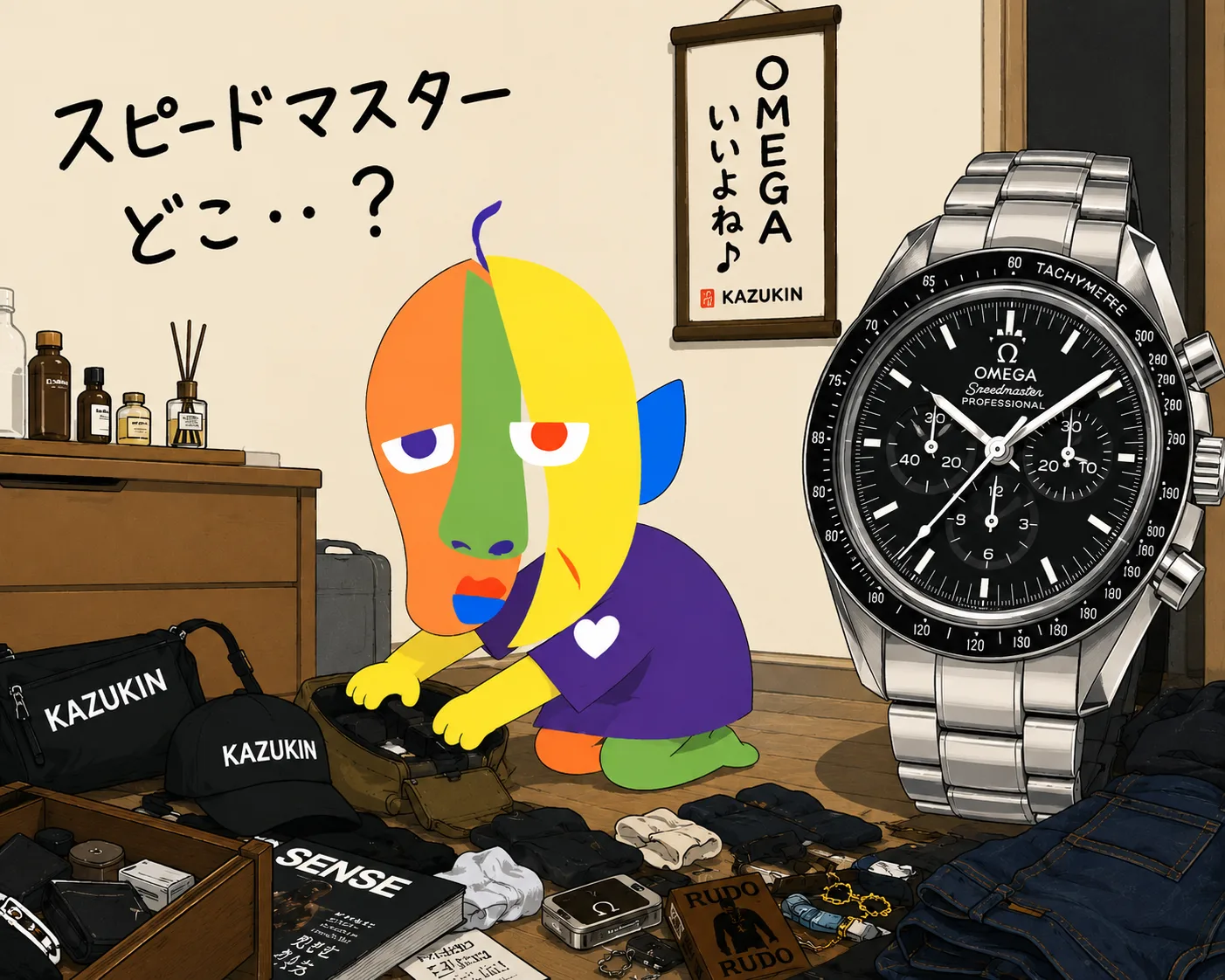 KAZUKIN searching through a bag in a messy room, with an illustration of an OMEGA Speedmaster Professional. “Where's my Speedmaster...?”