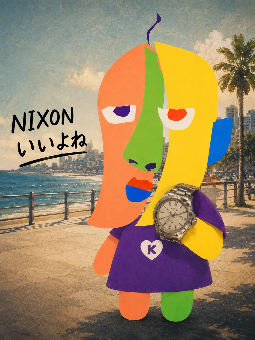 An illustration of KAZUKIN wearing a NIXON THE VENTURE on a seaside promenade. “NIXON is great, right?”