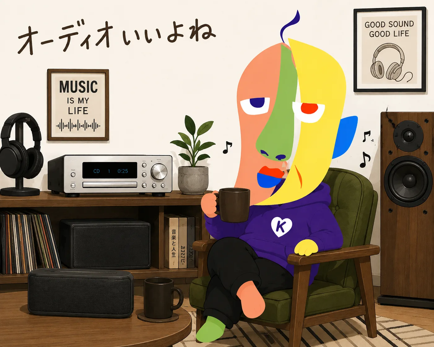 ソファでマグカップを手にくつろぐKAZUKIN。手書きで「オーディオいいよね」の文字。左にヘッドホンとスピーカー2台、レコード、右に大きなスピーカー、奥にコンポと「MUSIC IS MY LIFE」「GOOD SOUND GOOD LIFE」の額縁。