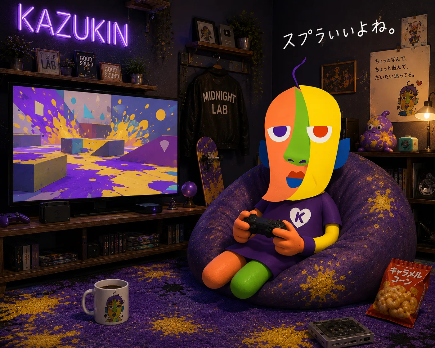 紫のビーズクッションに座り、テレビで塗りゲーム風の抽象的な映像を見ながらコントローラーを持つKAZUKIN。壁には「KAZUKIN」のネオンサイン、「スプラいいよね。」の手書き文字。