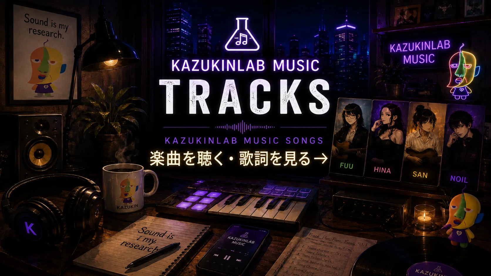 KAZUKINLAB MUSIC TRACKS。夜の音楽制作スタジオを背景にした楽曲一覧への案内カード。「楽曲を聴く・歌詞を見る」